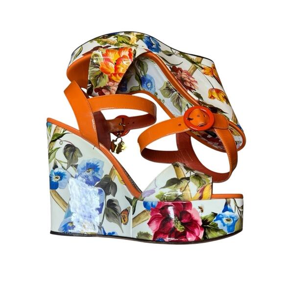 Dolce & Gabbana BIANCA Patent Leather Floral Butterfly Wedge Sandals EU 40 US 10 - Picture 9 of 13